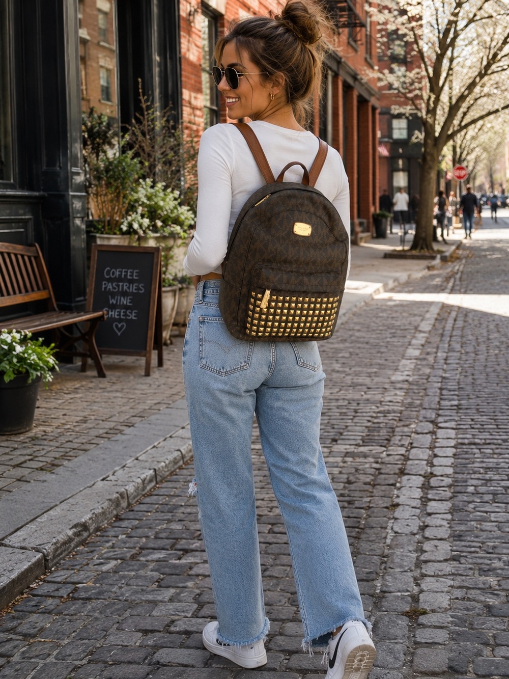 MICHAEL Michael Kors Brown Logo-Print Backpack with Gold Studs